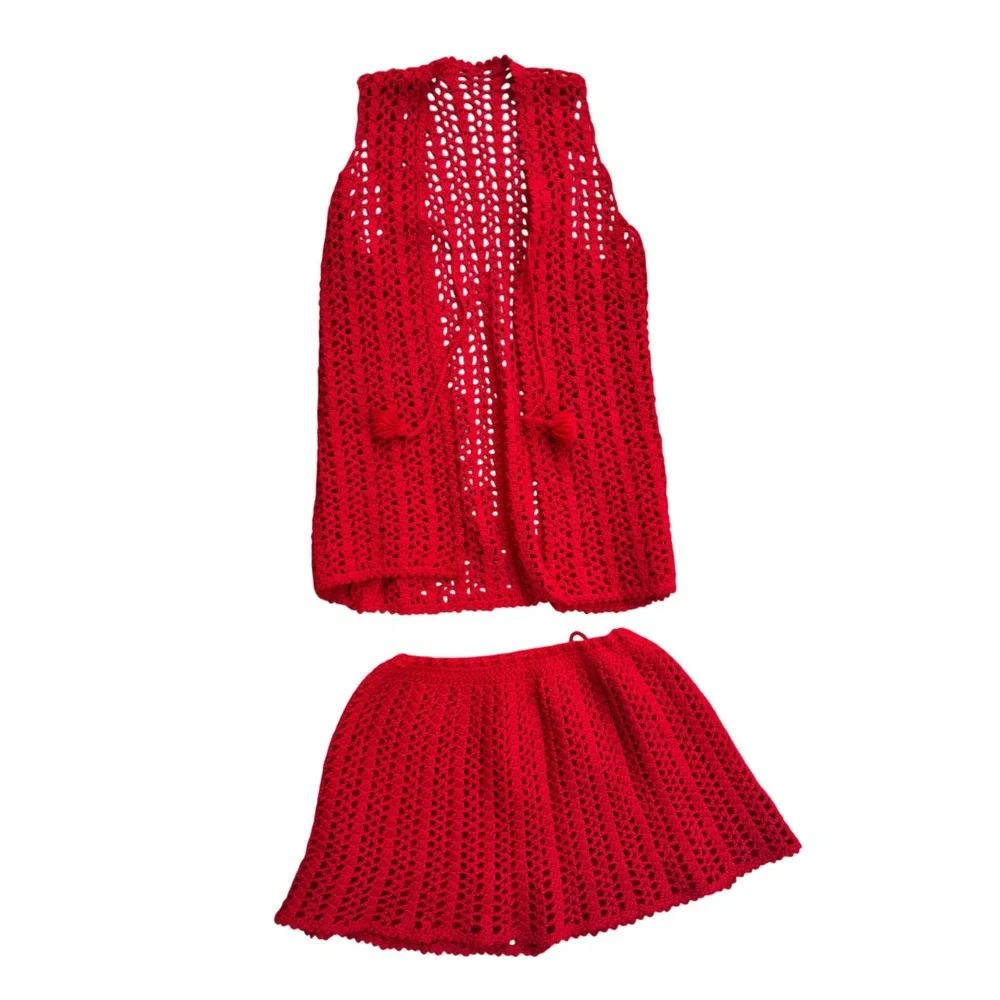 Red Crochet 2 Piece Set Vest and Mini Skirt Boho Festival Summer Outfit Small